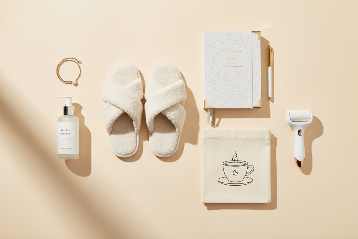  a mix of products like cozy slippers, planners, tote bag, lint cleaner, baby lotion, bracelet with a background of color code #FFF6E9