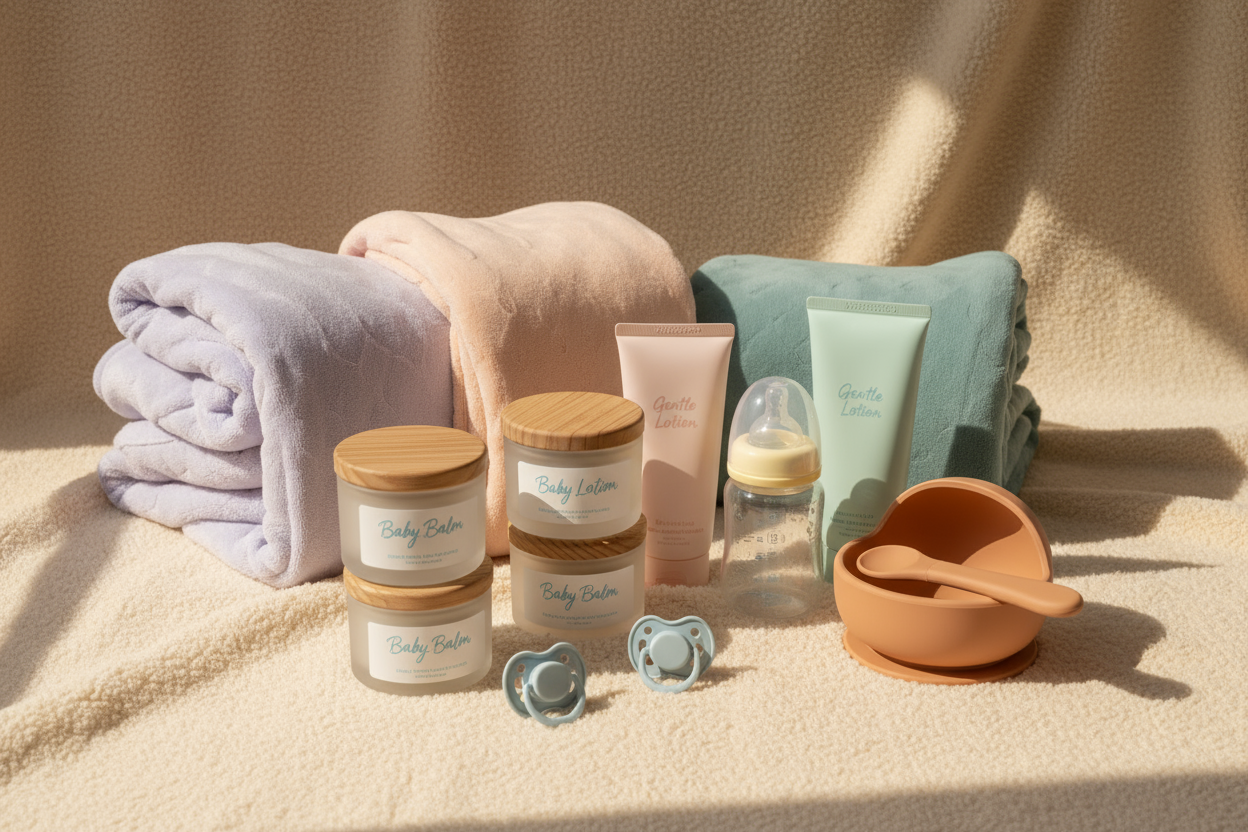 an image showing products for Gentle care for babies. baby care Products like balm, lotion, baby oil, baby bottles, feeding sets, pacifiers and blankets. The background should be of color code #FFF6E9