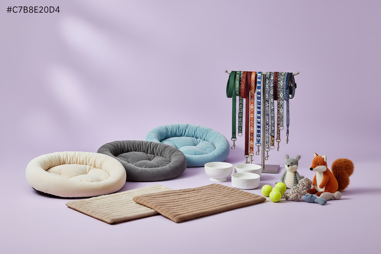 an image showing products for pets mainly cats and dogs. The products should be beds, leashes, plush mats, feeding bowls and pet toys. the background of the image should be of color code #C7B8E0D4