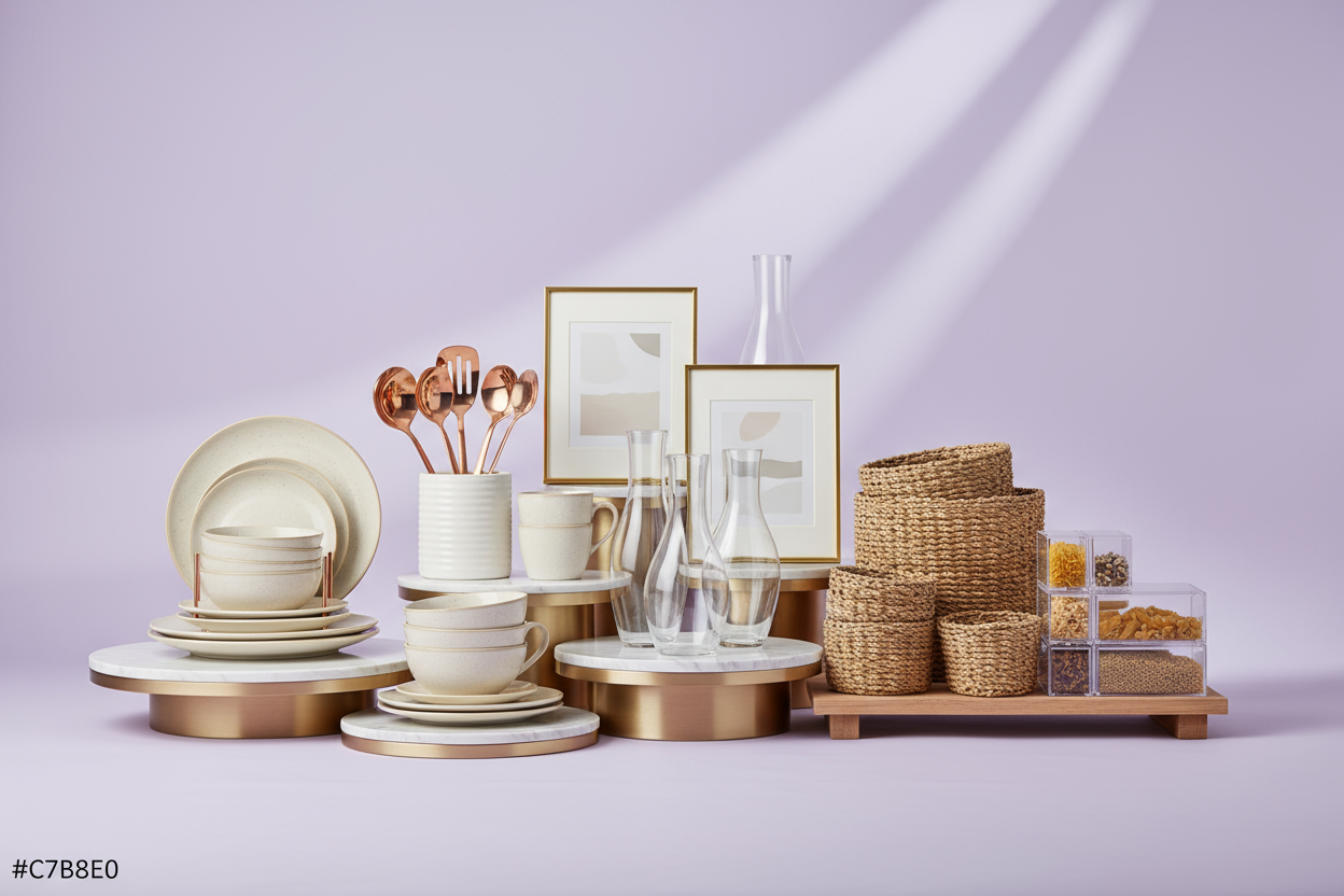 an image that shows products like home decors, kitchen and dining, and storage and organization stand. The image should have a background of color code C7B8E0D4