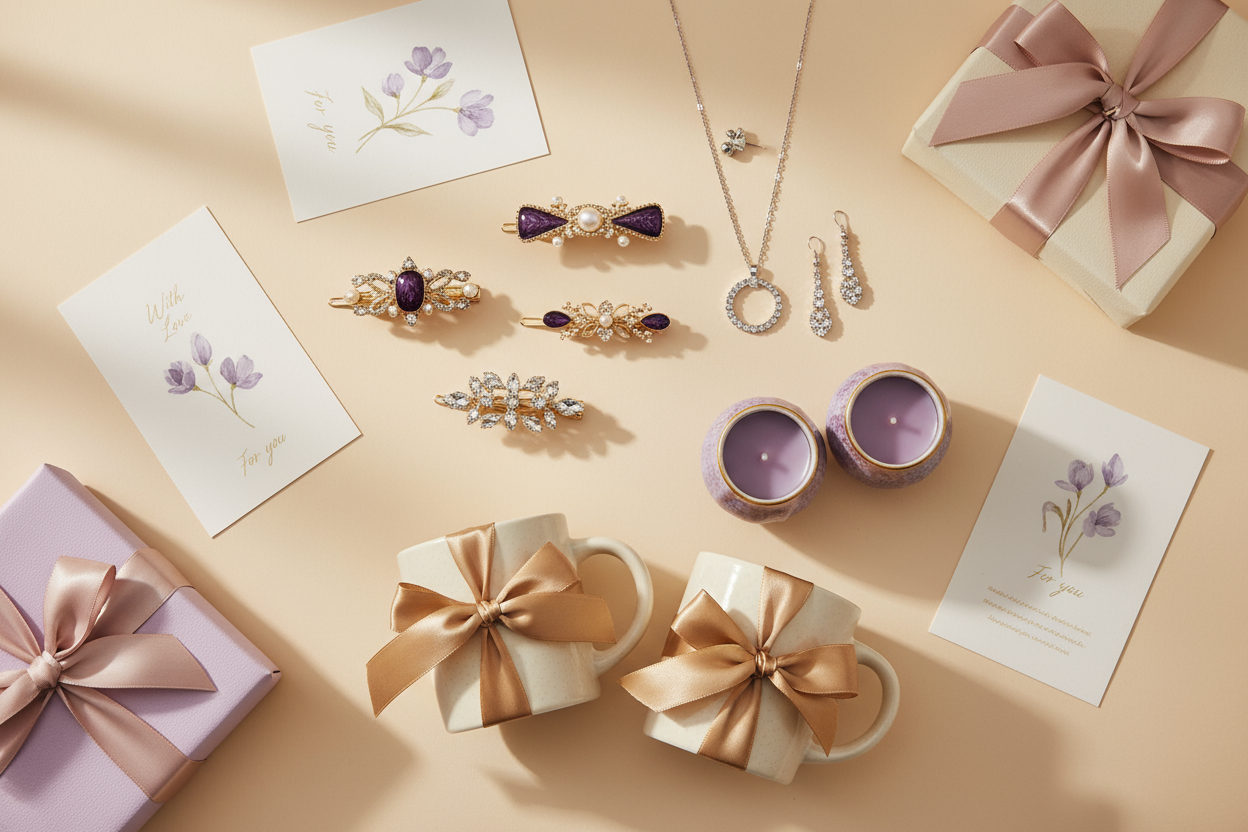 image showing some accessories like purple hair clips, jewelry sets, mini gifts like purple mini candles, gift sets like bundled mugs, also gift wraps (box) and cards. background color should be color code #FFF6E9