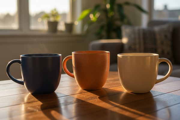 three large empty mugs of different color. They should be under the lighting  of the evening golden hour